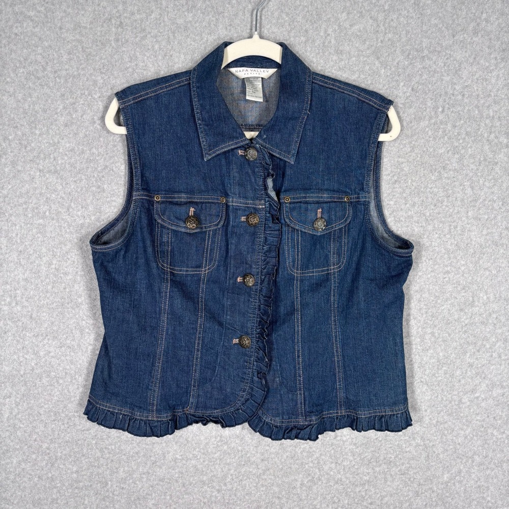Napa Valley Denim Jean Vest Petite Medium Ruffle Trim Stretch Feminine Western